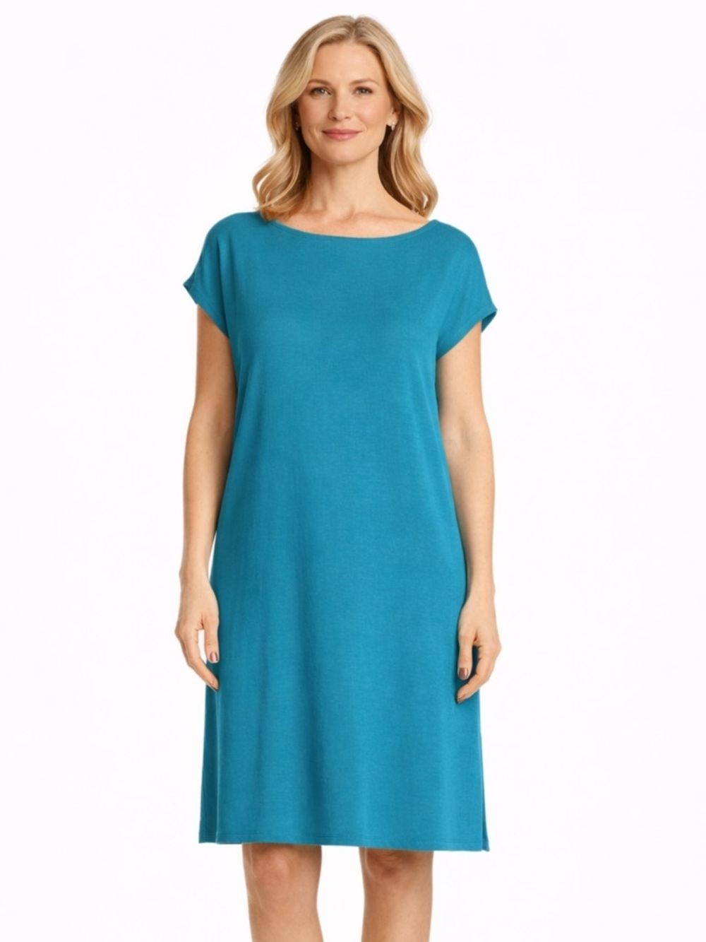 NEW Eileen Fisher T Shirt Knit Dress V Back Cap Sleeves Turquoise Blue Size XS
